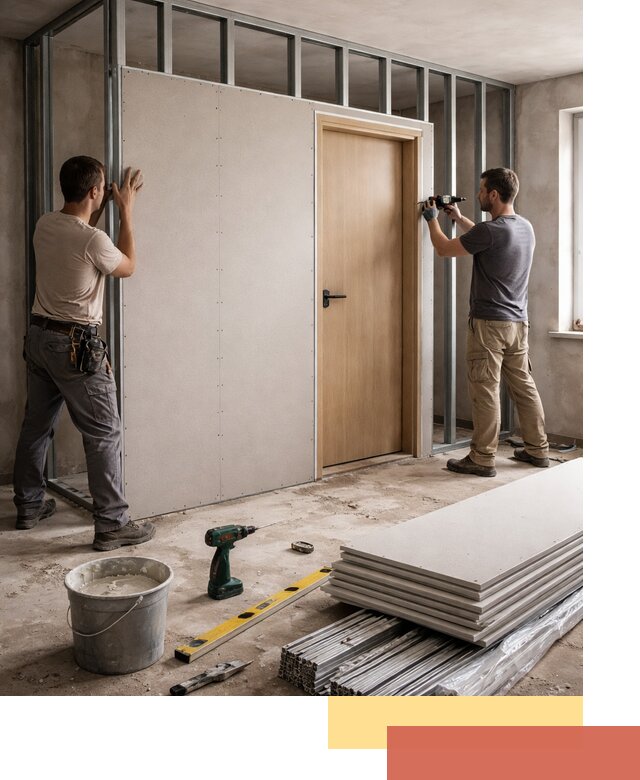 Перегородка из гипсокартона с дверью под ключ в Печоре