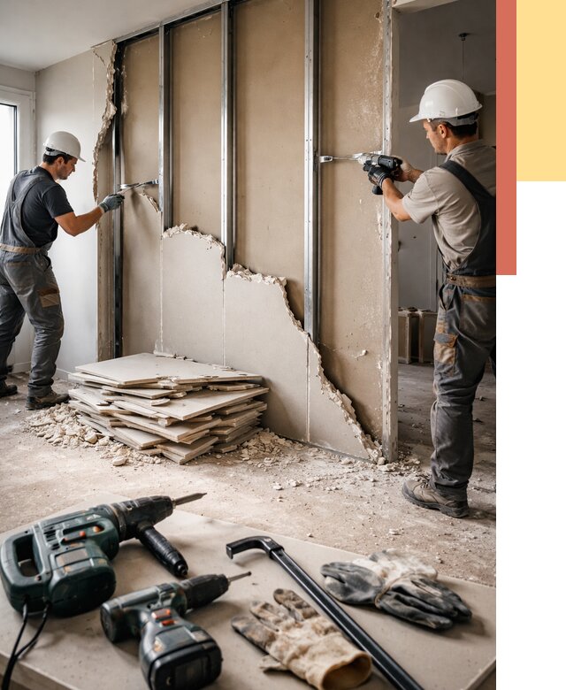 Демонтаж перегородки из гипсокартона в Печоре от 1222 руб. быстро и недорого | ОТДЕЛОЧНИК-Пчр