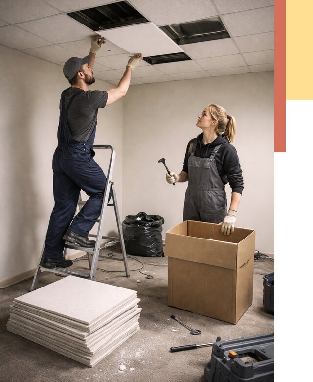 Демонтаж потолочной плитки в Печоре от 4582 руб. быстро и недорого | ОТДЕЛОЧНИК-Пчр