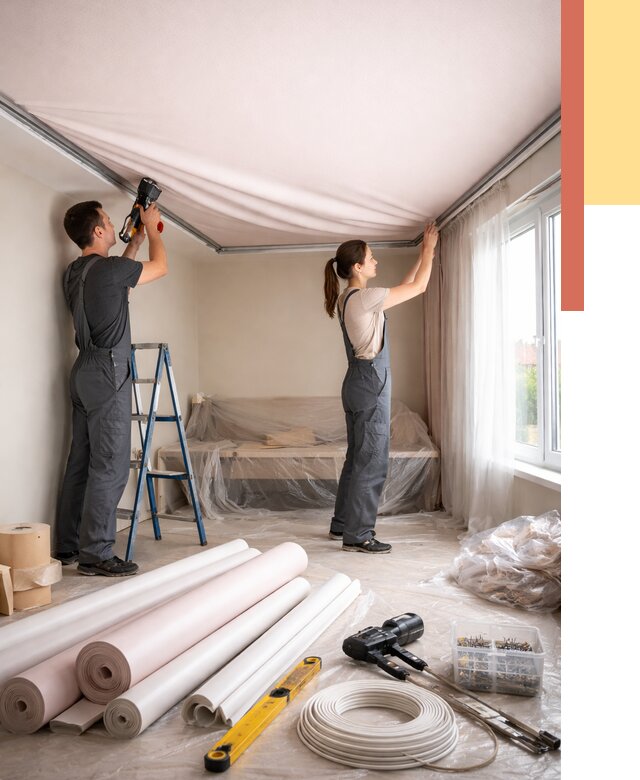 Монтаж цветного натяжного потолка в Печоре от 4276 руб/м² — быстро и недорого | ОТДЕЛОЧНИК-Пчр