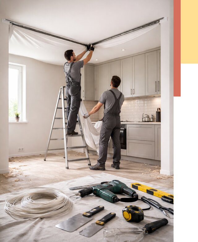 Установка натяжного потолка на кухне в Печоре от 2444 руб. | ОТДЕЛОЧНИК-Пчр