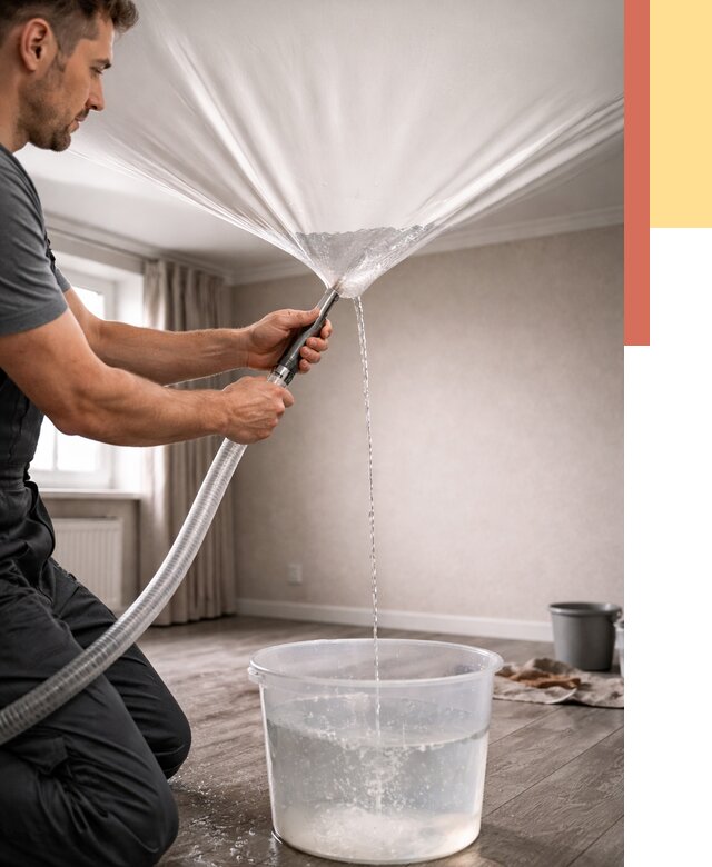 Слив воды с натяжного потолка в Печоре от 2546 руб. быстро и недорого | ОТДЕЛОЧНИК-Пчр