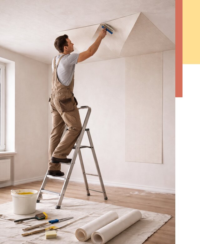 Поклейка обоев на потолок в Печоре от 4582 руб. быстро и недорого | ОТДЕЛОЧНИК-Пчр